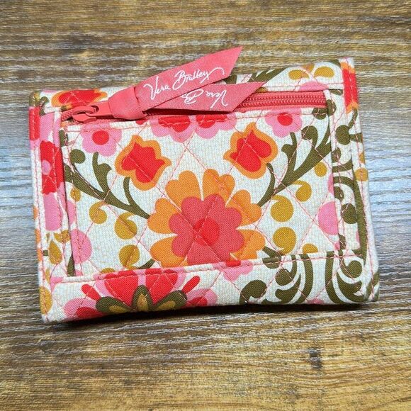 Vera Bradley Tri-Fold Wallet Folkloric Retired Pink Green Orange - Picture 2 of 6
